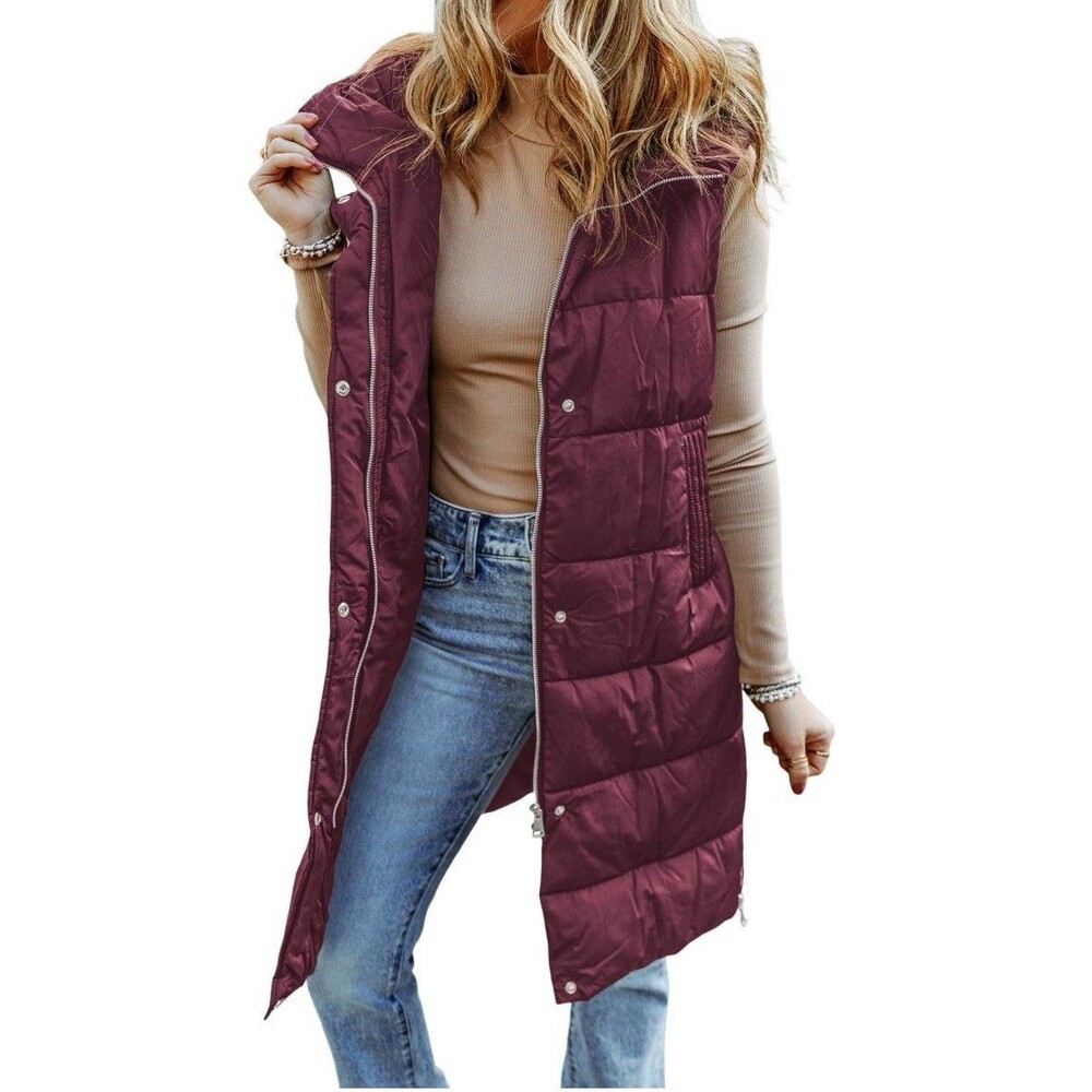Evaless Longline Puffer Vest Womens Small Knee Length Hooded Quilted Maroon